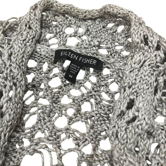 Eileen Fisher Gray Rustic Luster Open Front Linen Blend Long Crochet Cardigan M - Picture 4 of 5